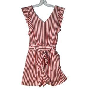 LOFT Coral Red /White Striped Belted Romper Size 2P NEW